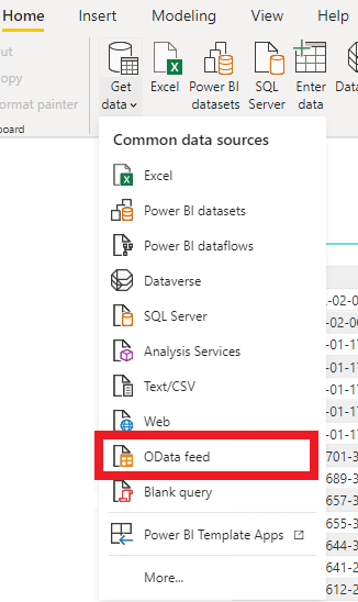 Image showing the selection of the OData option from the Get Data menu 