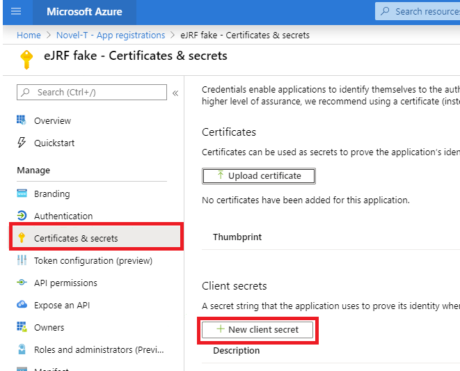 Image showinge navigation to generate the Client Secret in Azure