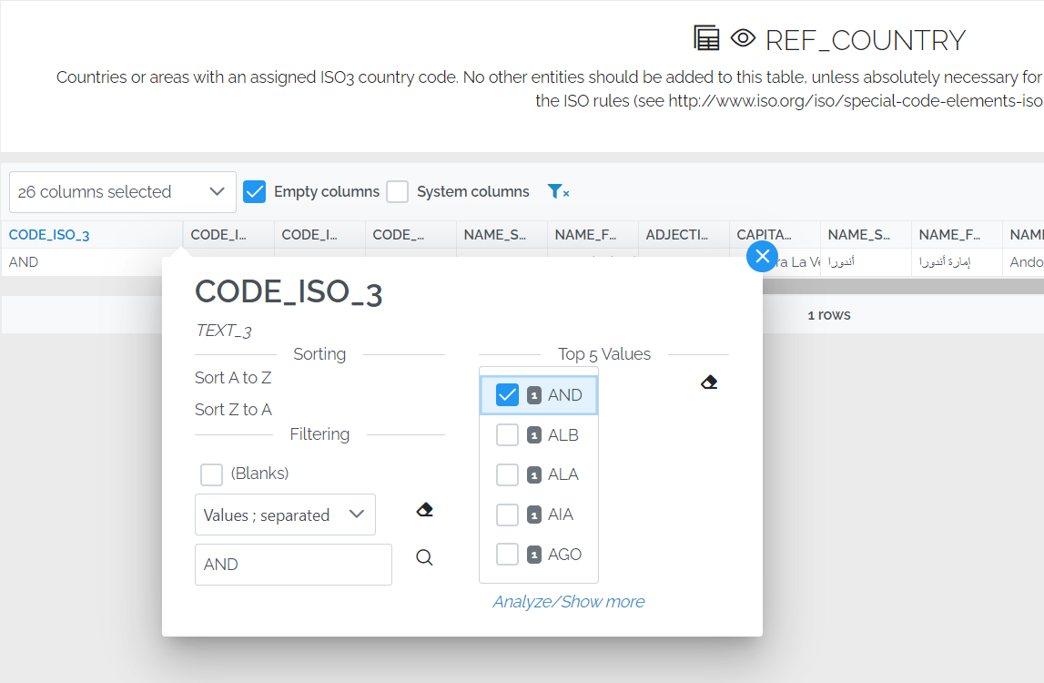 Image showing the REF_COUNTRY data view filtered to just Andorra